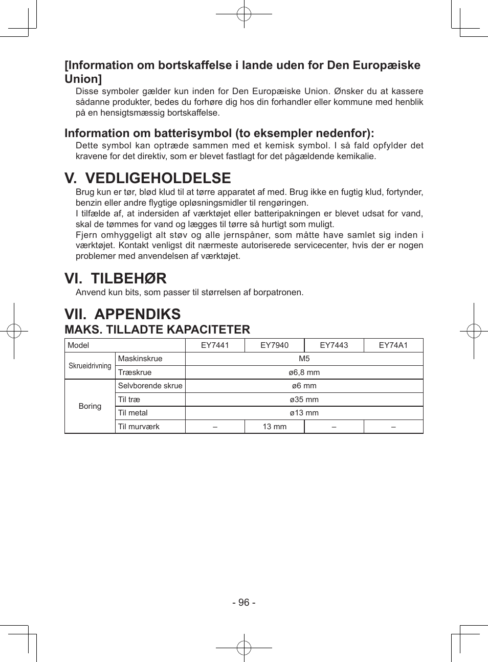 V. vedligeholdelse, Vi. tilbehør, Vii. appendiks | Maks. tilladte kapaciteter | Panasonic EY7443 User Manual | Page 96 / 136