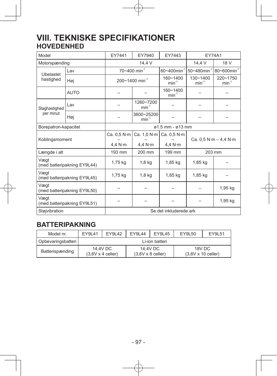 Viii. tekniske specifikationer, Hovedenhed, Batteripakning | Panasonic EY7443 User Manual | Page 97 / 136