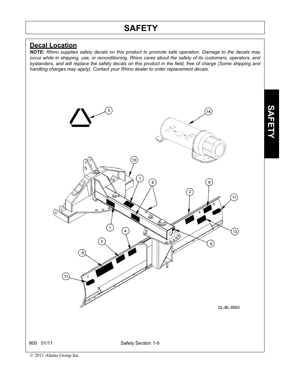 Decal location, Decal location -9, Safety | Alamo 800 User Manual | Page 13 / 58