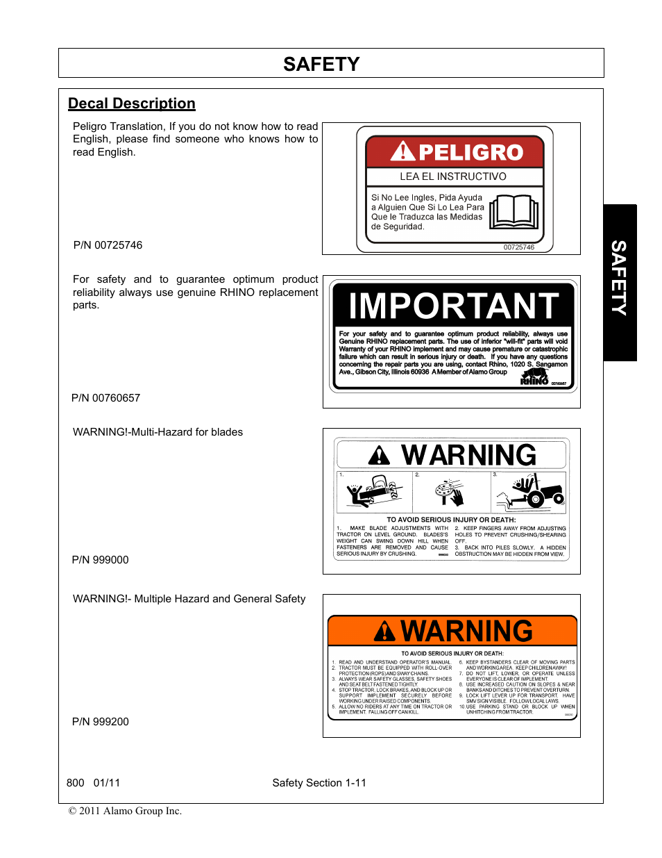 Decal description, Decal description -11, Safety | Alamo 800 User Manual | Page 15 / 58