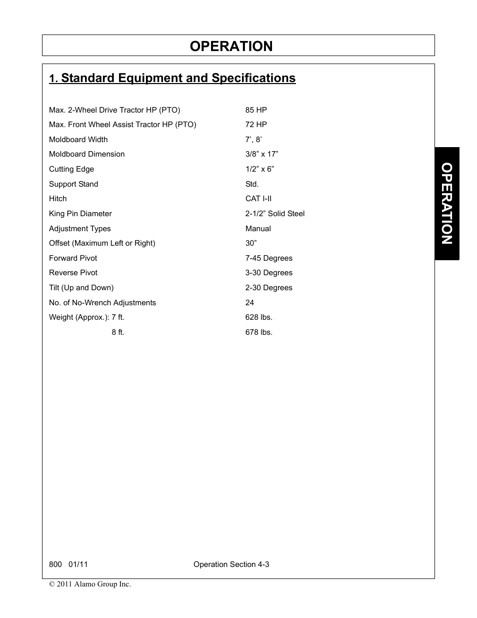 Standard equipment and specifications, Standard equipment and specifications -3, Operation | Opera t ion | Alamo 800 User Manual | Page 29 / 58