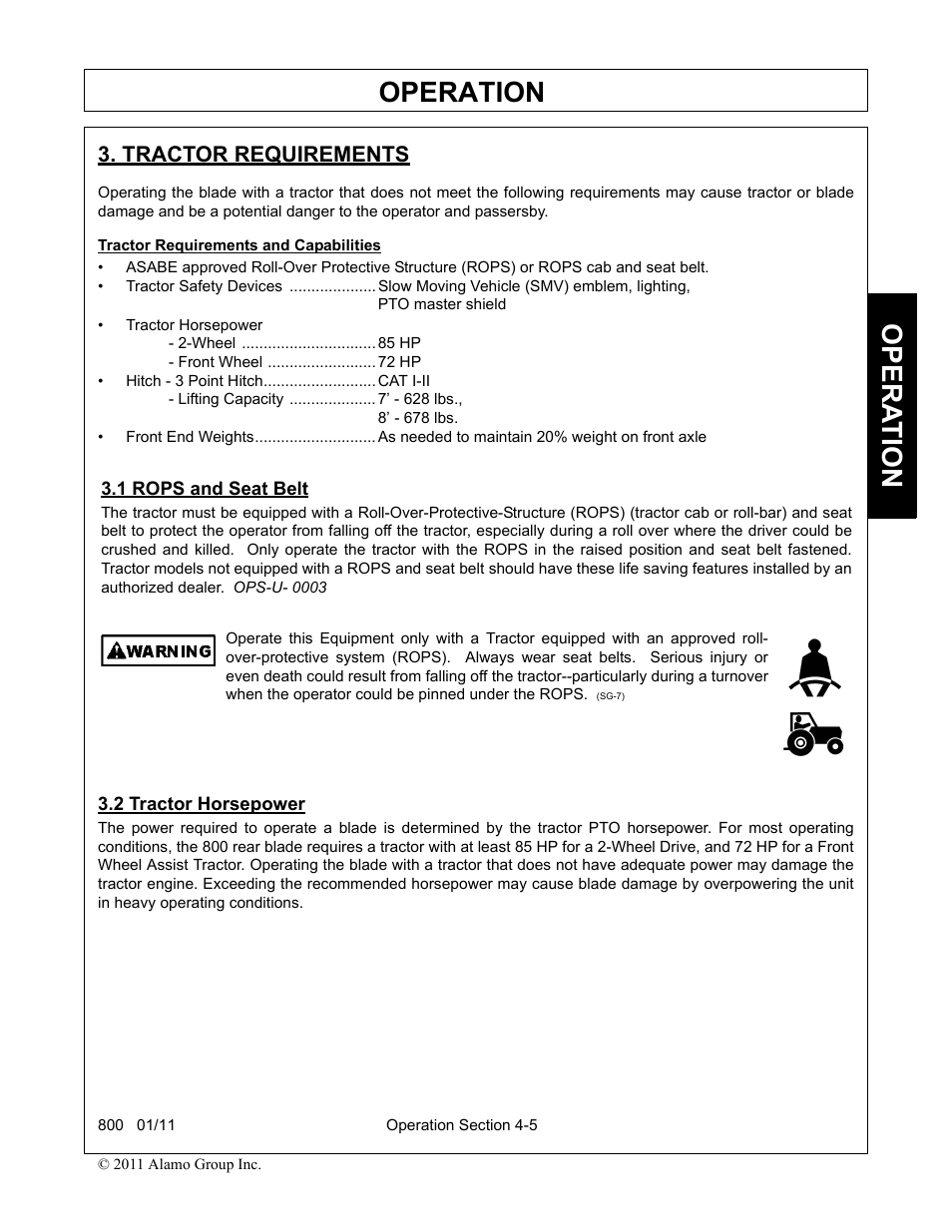 Tractor requirements, Tractor requirements and capabilities, 1 rops and seat belt | 2 tractor horsepower, Operation, Opera t ion | Alamo 800 User Manual | Page 31 / 58