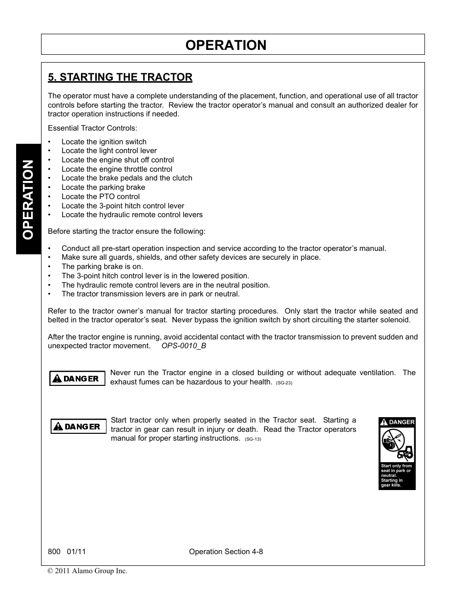 Starting the tractor, Starting the tractor -8, Operation | Opera t ion | Alamo 800 User Manual | Page 34 / 58