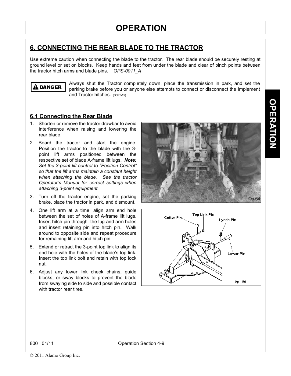 Connecting the rear blade to the tractor, 1 connecting the rear blade, Operation | Opera t ion | Alamo 800 User Manual | Page 35 / 58