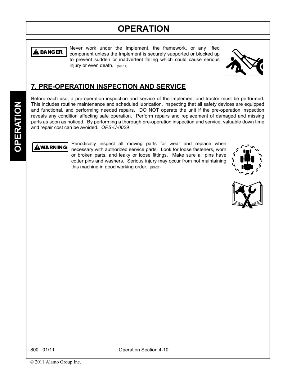 Pre-operation inspection and service, Pre-operation inspection and service -10, Operation | Opera t ion | Alamo 800 User Manual | Page 36 / 58