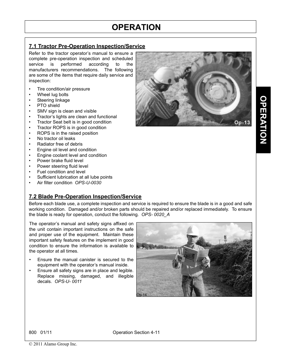 1 tractor pre-operation inspection/service, 2 blade pre-operation inspection/service, Operation | Opera t ion | Alamo 800 User Manual | Page 37 / 58