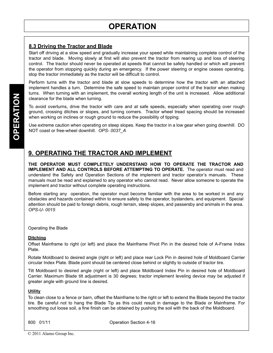 3 driving the tractor and blade, Operating the tractor and implement, Ditching | Utility, Operation, Opera t ion | Alamo 800 User Manual | Page 42 / 58