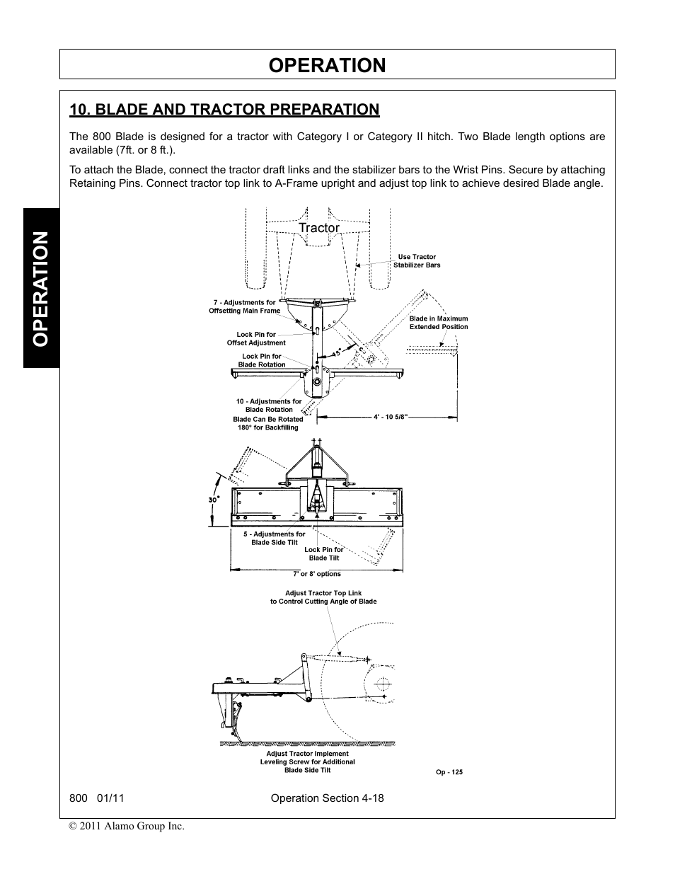 Blade and tractor preparation, Blade and tractor preparation -18, Operation | Opera t ion | Alamo 800 User Manual | Page 44 / 58