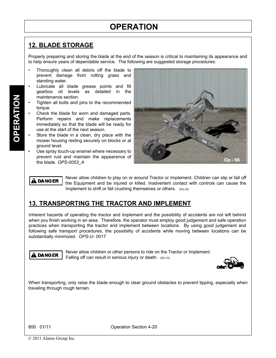 Blade storage, Transporting the tractor and implement, Operation | Opera t ion | Alamo 800 User Manual | Page 46 / 58