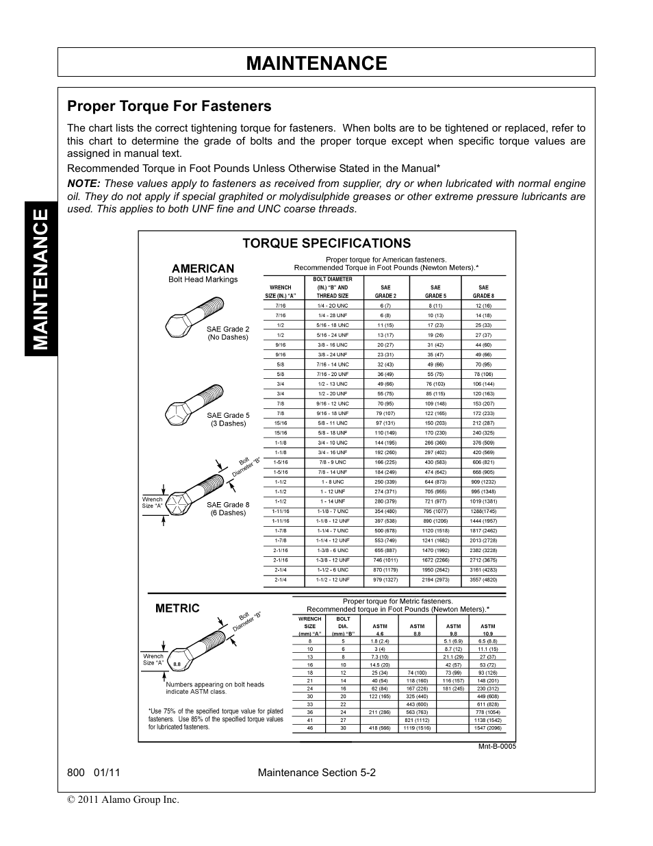 Proper torque for fasteners, Proper torque for fasteners -2, Maintenance | Alamo 800 User Manual | Page 54 / 58