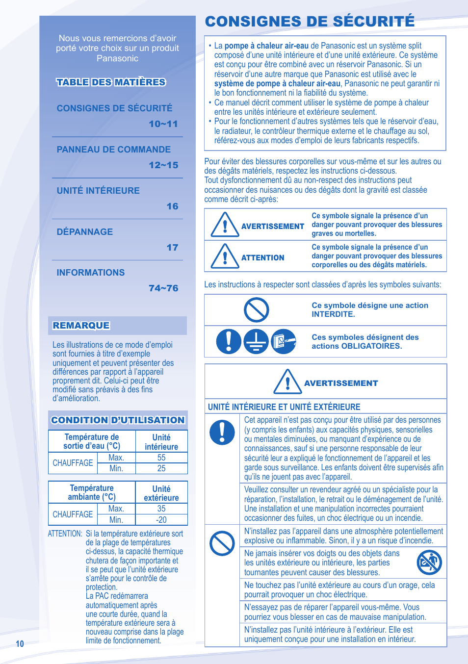 Consignes de sécurité | Panasonic WHUD12CE8 User Manual | Page 2 / 12