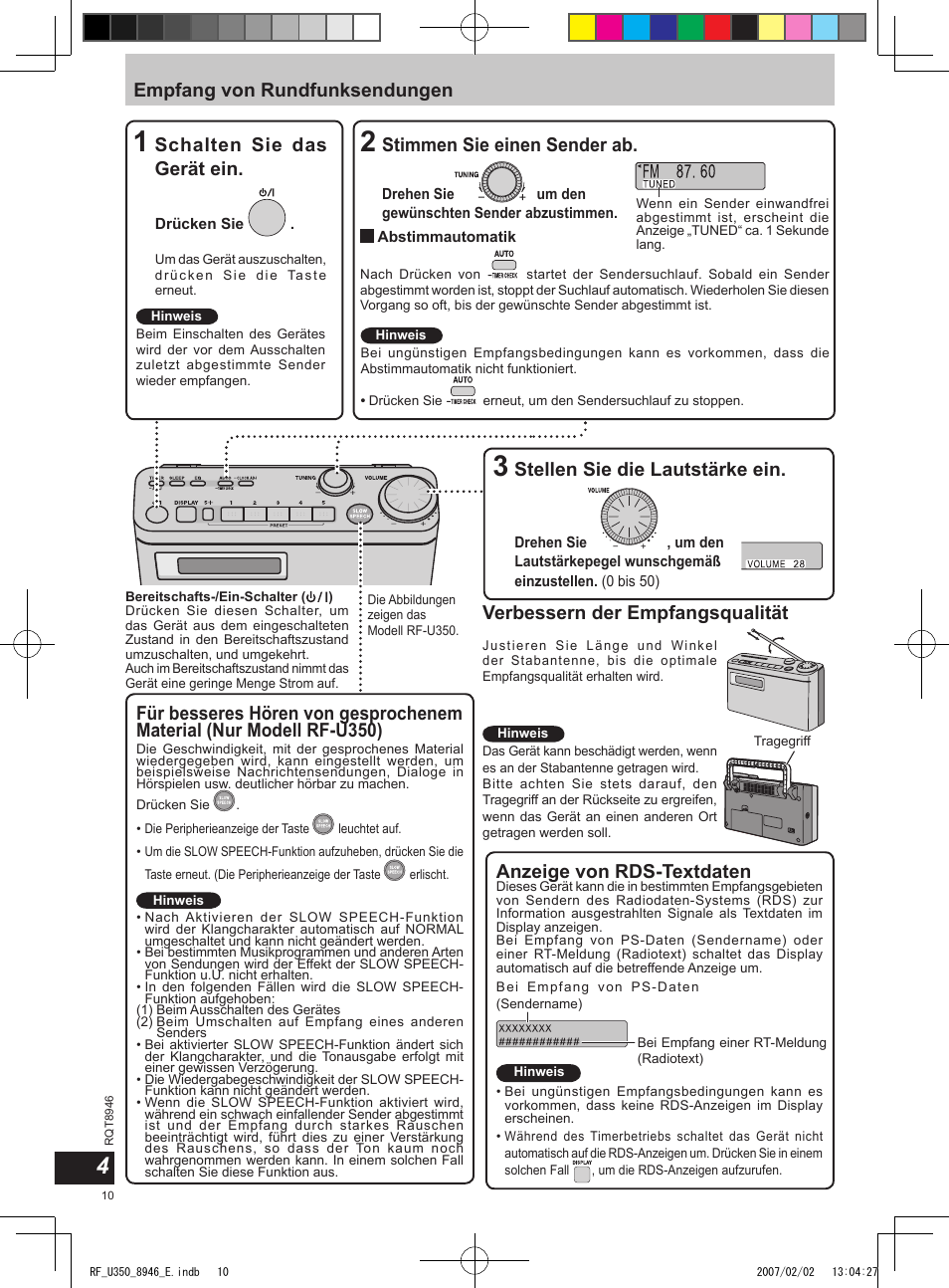 Empfang von rundfunksendungen, Schalten sie das gerät ein, Stellen sie die lautstärke ein | Verbessern der empfangsqualität, Stimmen sie einen sender ab, Anzeige von rds-textdaten | Panasonic RFU350 User Manual | Page 10 / 80