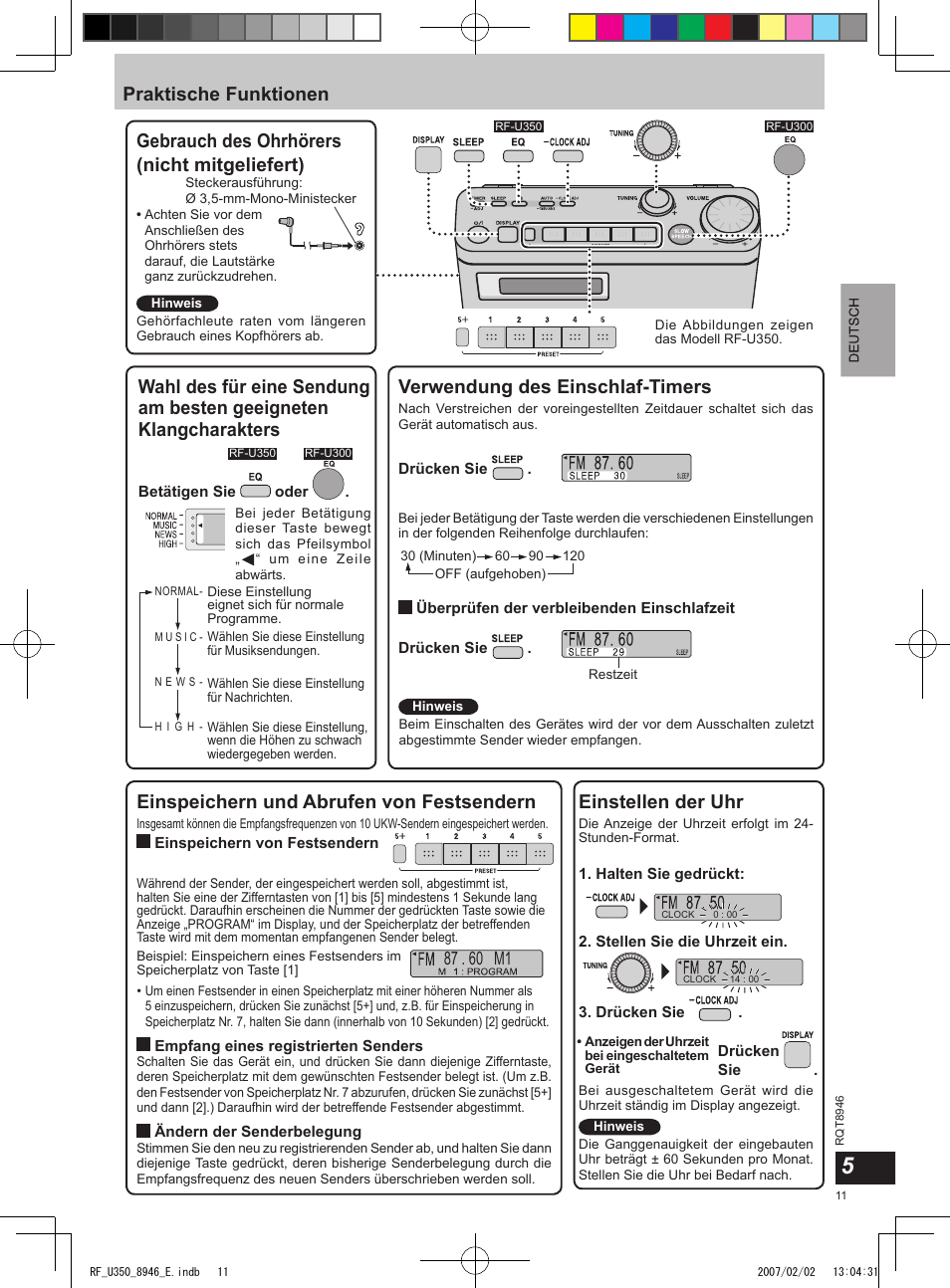 Praktische funktionen, Verwendung des einschlaf-timers, Gebrauch des ohrhörers (nicht mitgeliefert) | Einspeichern und abrufen von festsendern, Einstellen der uhr | Panasonic RFU350 User Manual | Page 11 / 80