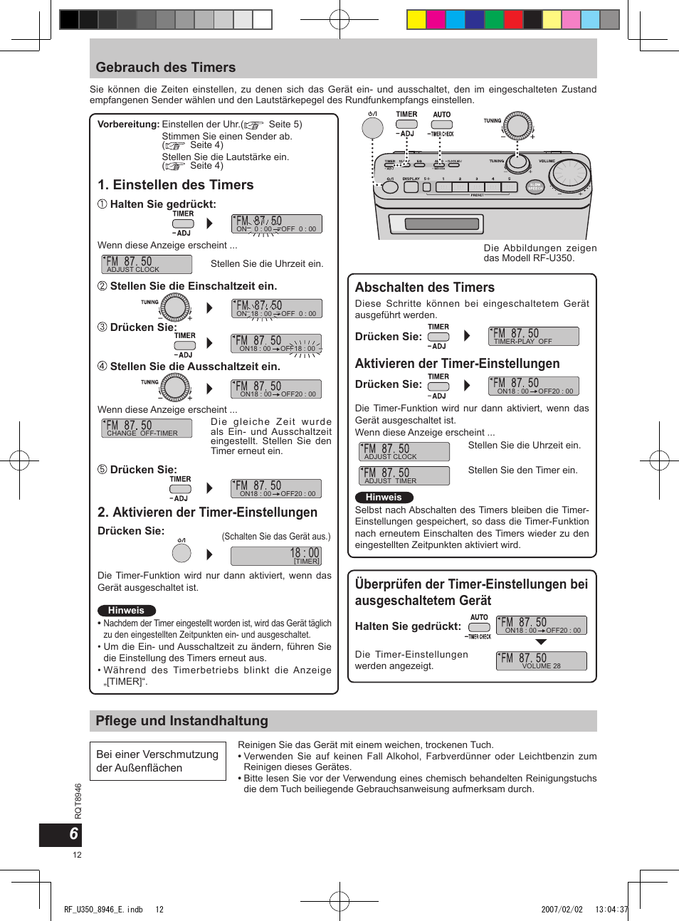 Gebrauch des timers, Pﬂege und instandhaltung, Abschalten des timers | Einstellen des timers, Aktivieren der timer-einstellungen | Panasonic RFU350 User Manual | Page 12 / 80