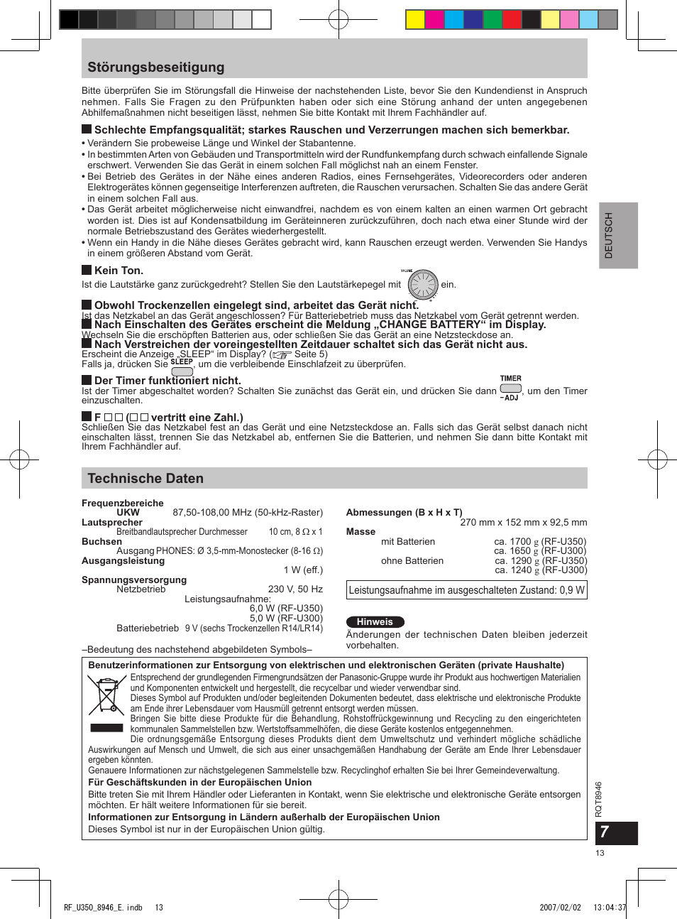 Störungsbeseitigung, Technische daten | Panasonic RFU350 User Manual | Page 13 / 80