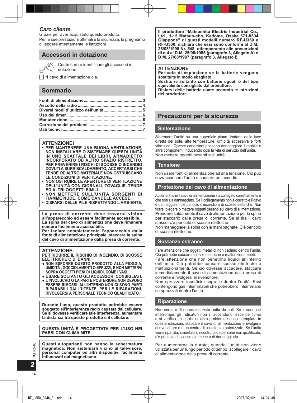 Accessori in dotazione sommario, Precauzioni per la sicurezza, Caro cliente | Panasonic RFU350 User Manual | Page 14 / 80