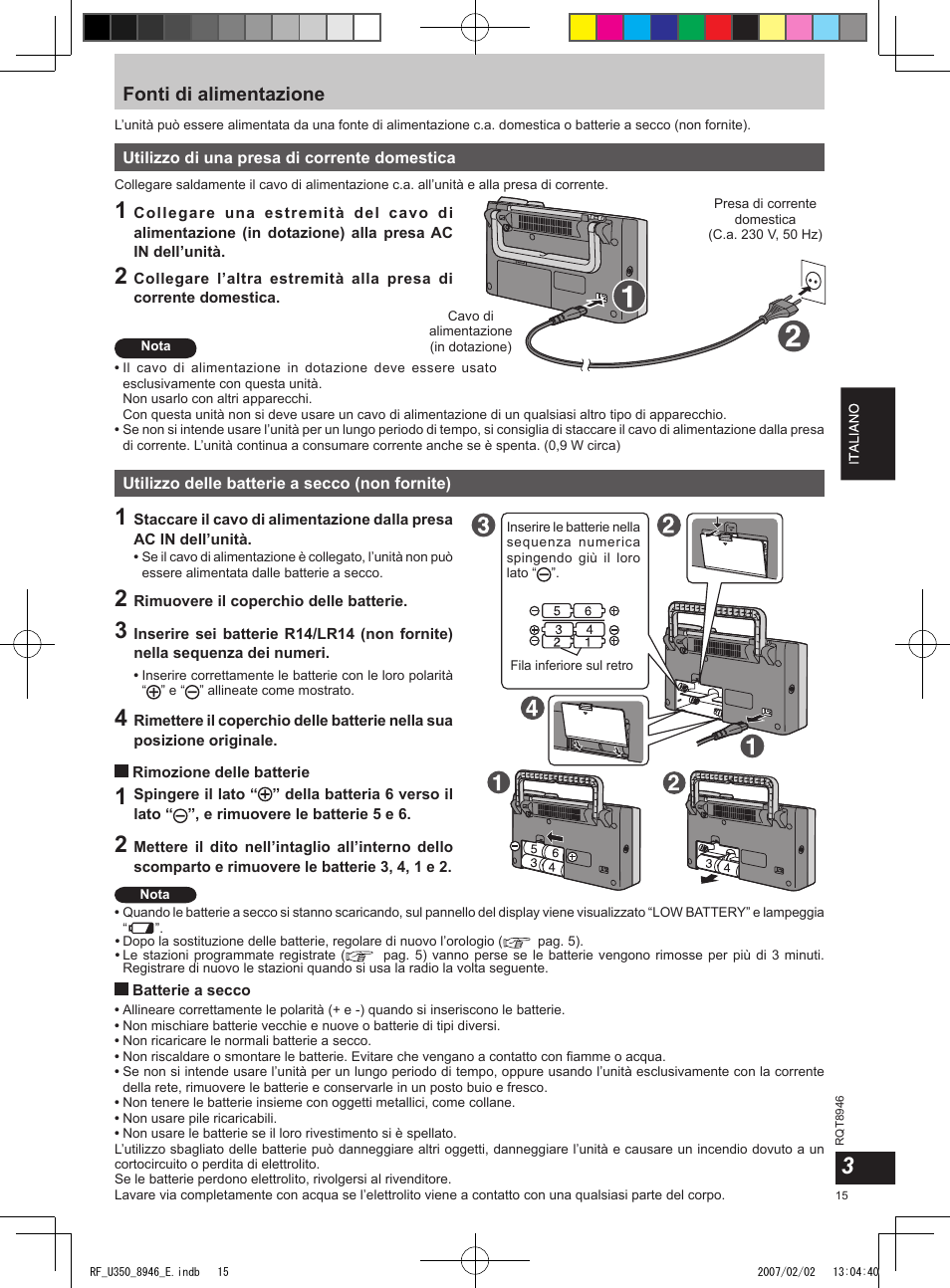 Fonti di alimentazione | Panasonic RFU350 User Manual | Page 15 / 80