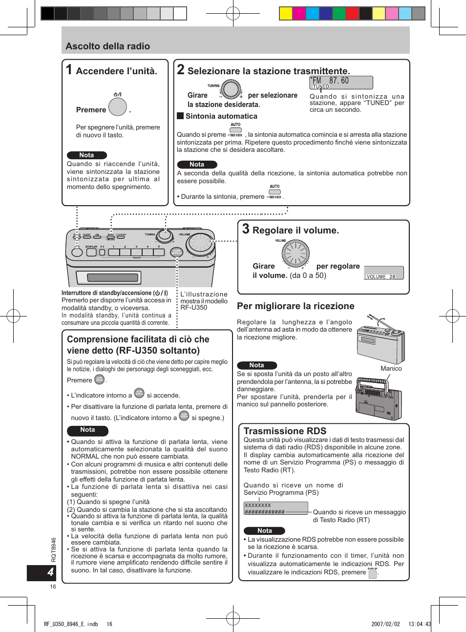 Ascolto della radio, Accendere l’unità, Regolare il volume | Per migliorare la ricezione, Selezionare la stazione trasmittente, Trasmissione rds | Panasonic RFU350 User Manual | Page 16 / 80