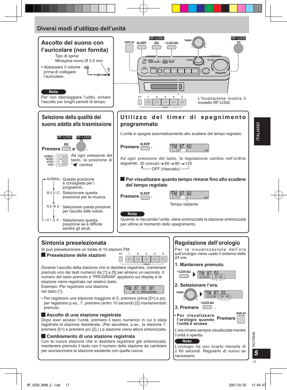 Diversi modi d’utilizzo dell’unità, Ascolto del suono con l’auricolare (non fornita), Sintonia preselezionata | Regolazione dell’orologio | Panasonic RFU350 User Manual | Page 17 / 80