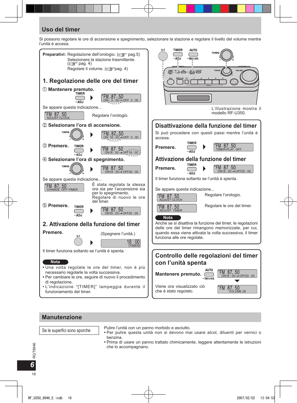 Uso del timer, Manutenzione, Disattivazione della funzione del timer | Regolazione delle ore del timer, Attivazione della funzione del timer | Panasonic RFU350 User Manual | Page 18 / 80