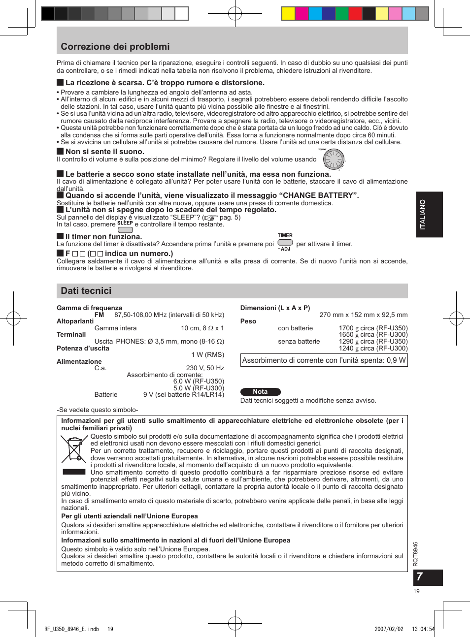 Correzione dei problemi, Dati tecnici | Panasonic RFU350 User Manual | Page 19 / 80