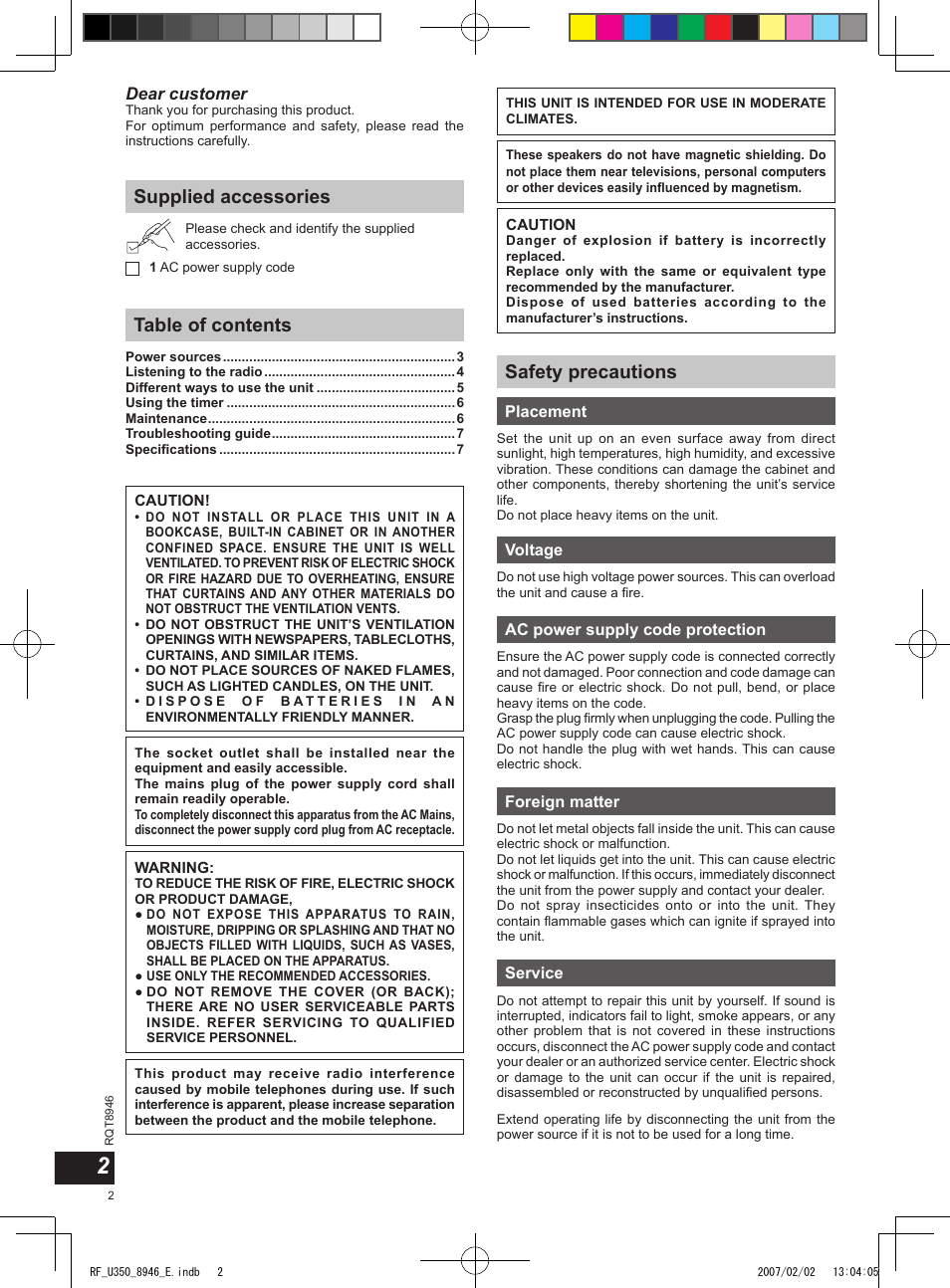 Supplied accessories table of contents, Safety precautions, Dear customer | Panasonic RFU350 User Manual | Page 2 / 80