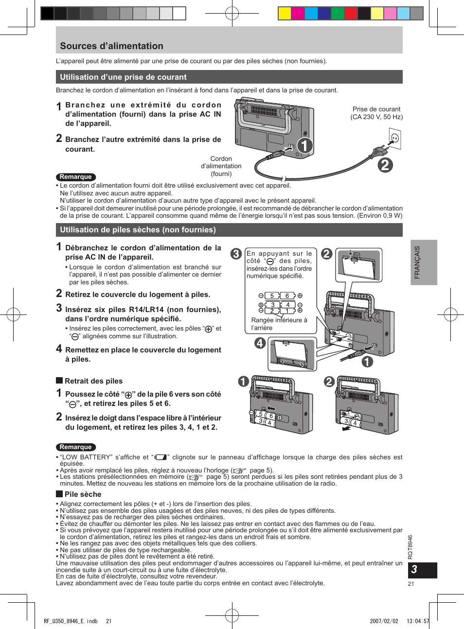 Sources d’alimentation | Panasonic RFU350 User Manual | Page 21 / 80