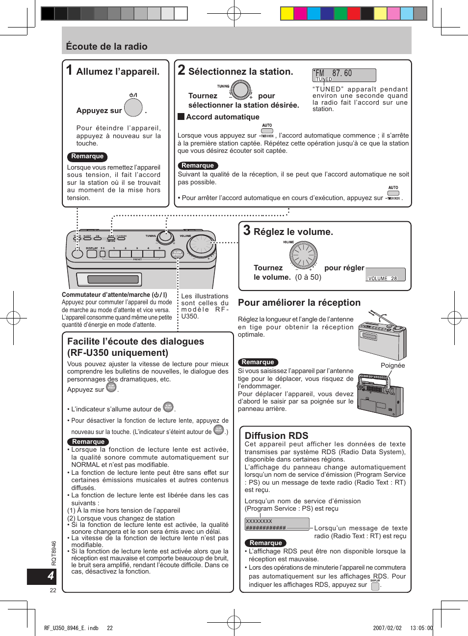 Écoute de la radio, Allumez l’appareil, Réglez le volume | Pour améliorer la réception, Sélectionnez la station, Diffusion rds | Panasonic RFU350 User Manual | Page 22 / 80