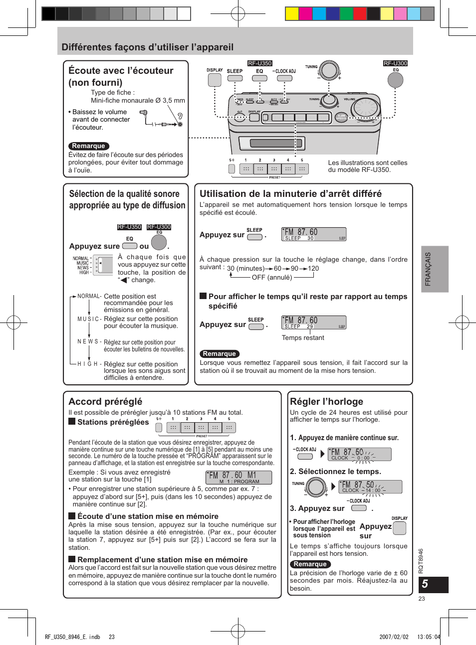 Différentes façons d’utiliser l’appareil, Utilisation de la minuterie d’arrêt différé, Écoute avec l’écouteur (non fourni) | Accord préréglé, Régler l’horloge | Panasonic RFU350 User Manual | Page 23 / 80