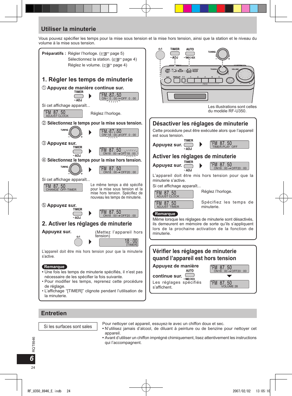 Utiliser la minuterie, Entretien, Désactiver les réglages de minuterie | Régler les temps de minuterie, Activer les réglages de minuterie | Panasonic RFU350 User Manual | Page 24 / 80