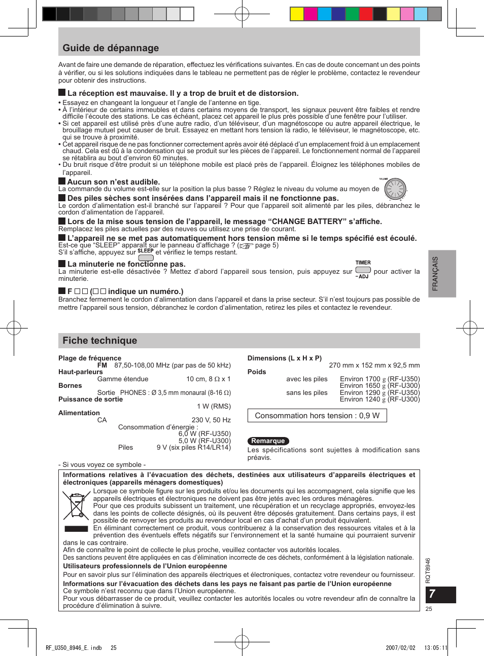 Guide de dépannage, Fiche technique | Panasonic RFU350 User Manual | Page 25 / 80