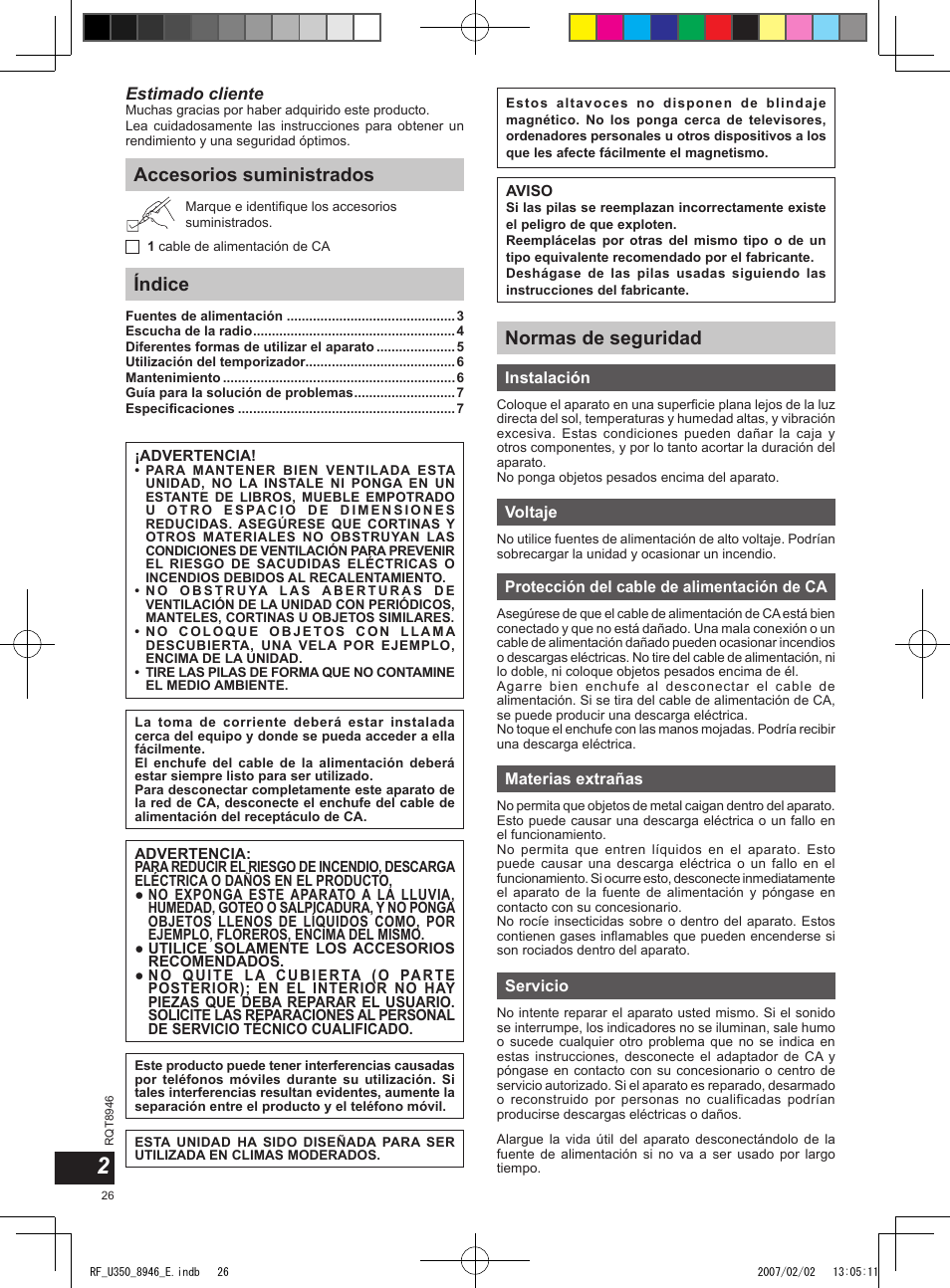 Accesorios suministrados índice, Normas de seguridad | Panasonic RFU350 User Manual | Page 26 / 80