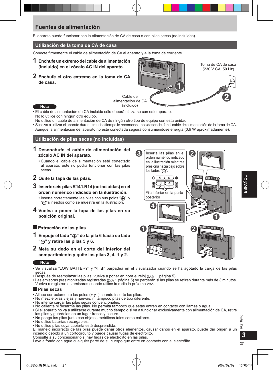 Fuentes de alimentación | Panasonic RFU350 User Manual | Page 27 / 80