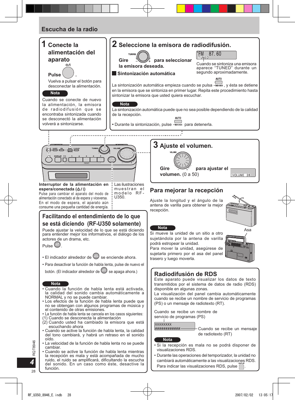 Escucha de la radio, Conecte la alimentación del aparato, Ajuste el volumen | Para mejorar la recepción, Seleccione la emisora de radiodifusión, Radiodifusión de rds | Panasonic RFU350 User Manual | Page 28 / 80