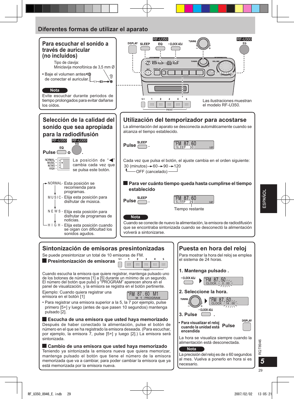 Diferentes formas de utilizar el aparato, Utilización del temporizador para acostarse, Sintonización de emisoras presintonizadas | Puesta en hora del reloj | Panasonic RFU350 User Manual | Page 29 / 80