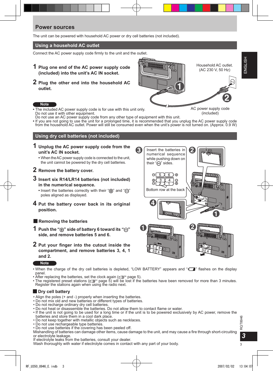 Power sources | Panasonic RFU350 User Manual | Page 3 / 80