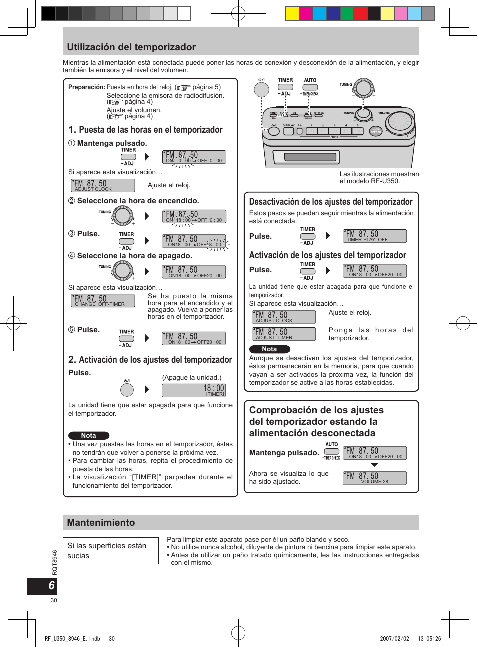 Utilización del temporizador, Mantenimiento, Desactivación de los ajustes del temporizador | Puesta de las horas en el temporizador, Activación de los ajustes del temporizador | Panasonic RFU350 User Manual | Page 30 / 80