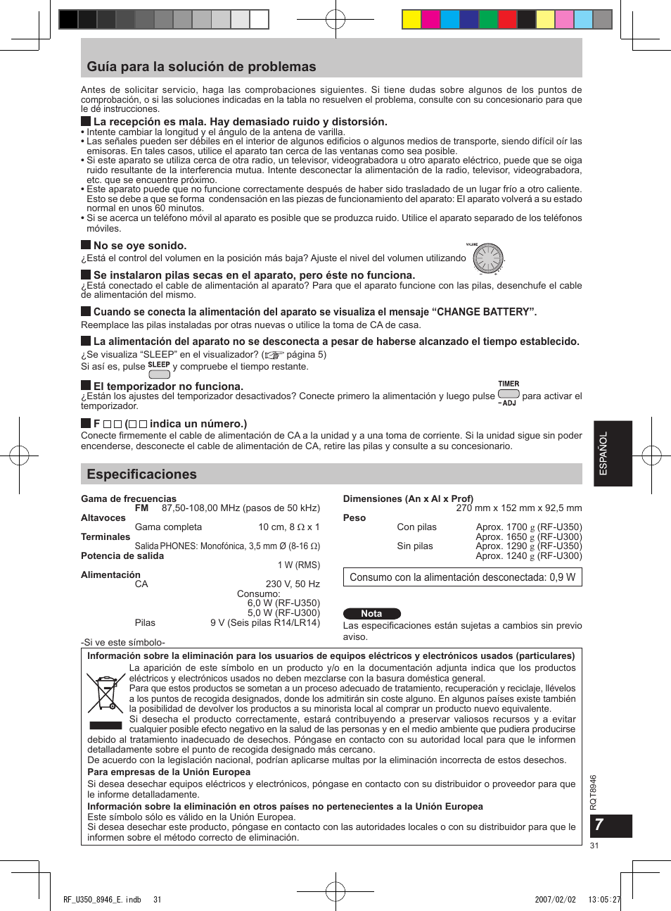 Guía para la solución de problemas, Especiﬁcaciones | Panasonic RFU350 User Manual | Page 31 / 80