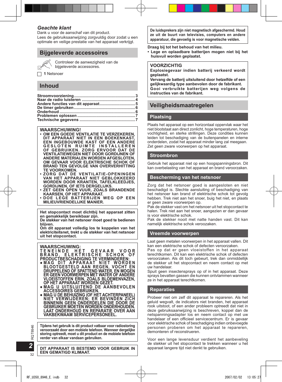 Bijgeleverde accessoires inhoud, Veiligheidsmaatregelen | Panasonic RFU350 User Manual | Page 32 / 80