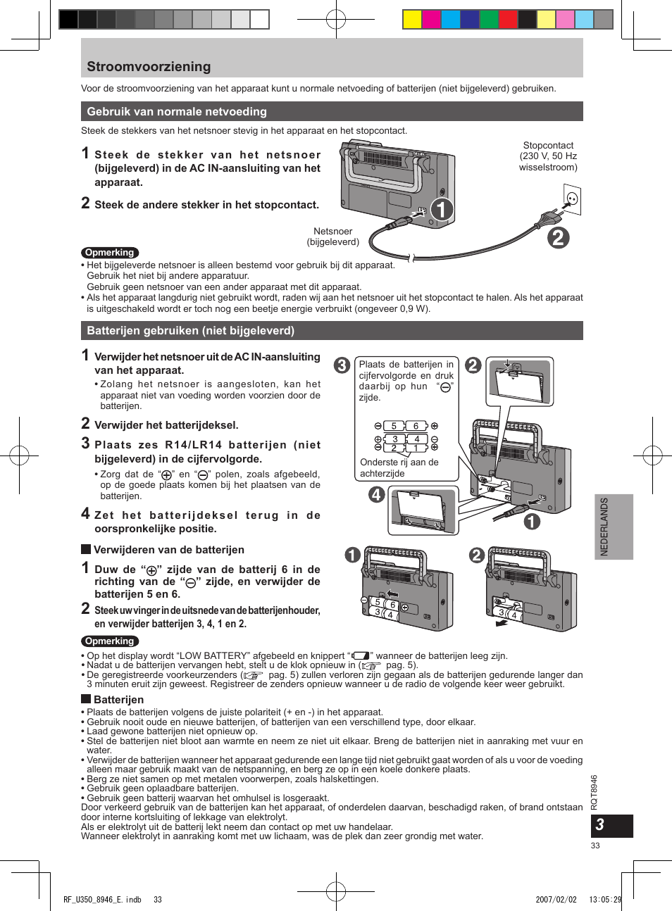 Stroomvoorziening | Panasonic RFU350 User Manual | Page 33 / 80