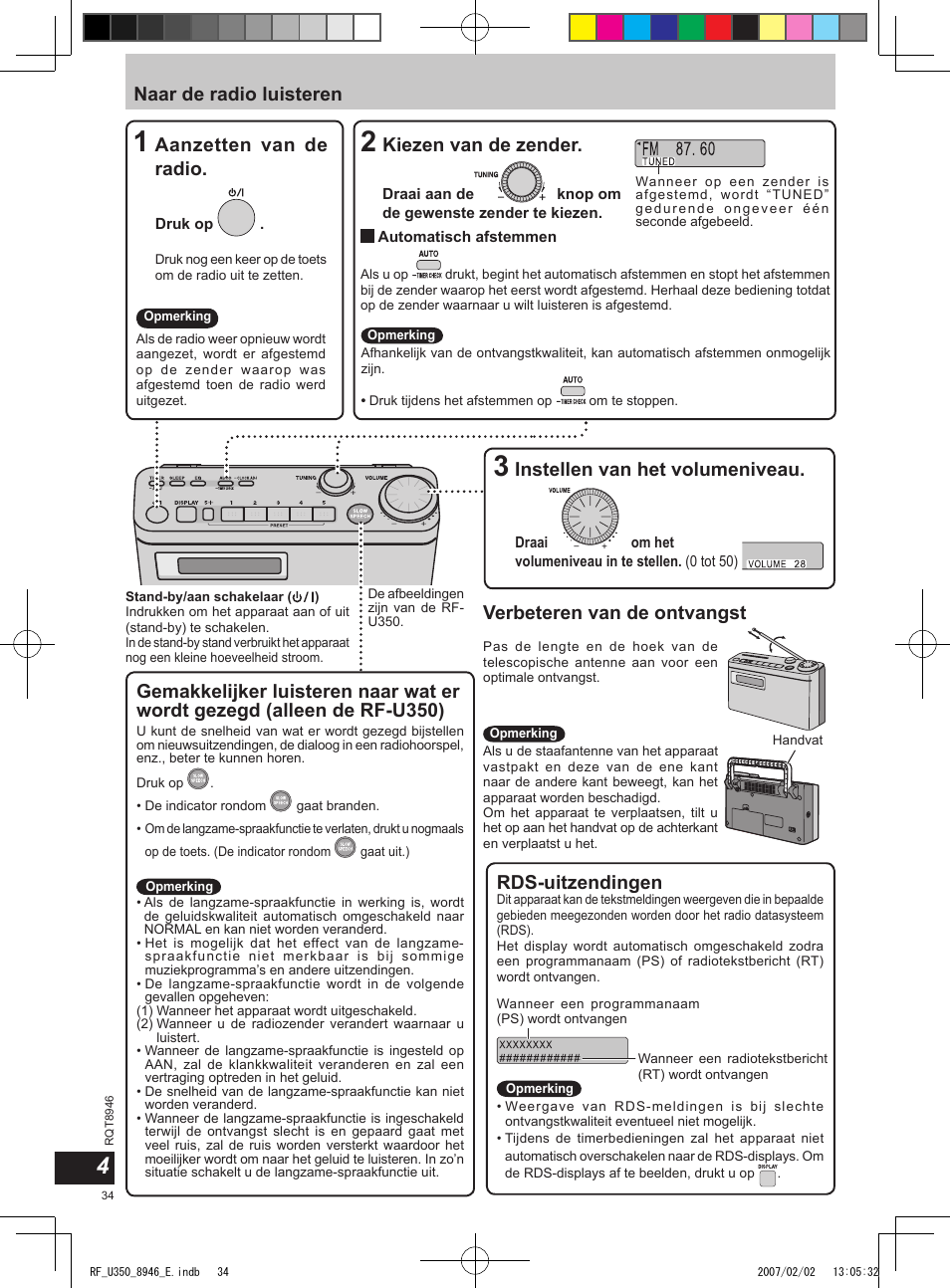 Naar de radio luisteren, Aanzetten van de radio, Instellen van het volumeniveau | Verbeteren van de ontvangst, Kiezen van de zender, Rds-uitzendingen | Panasonic RFU350 User Manual | Page 34 / 80