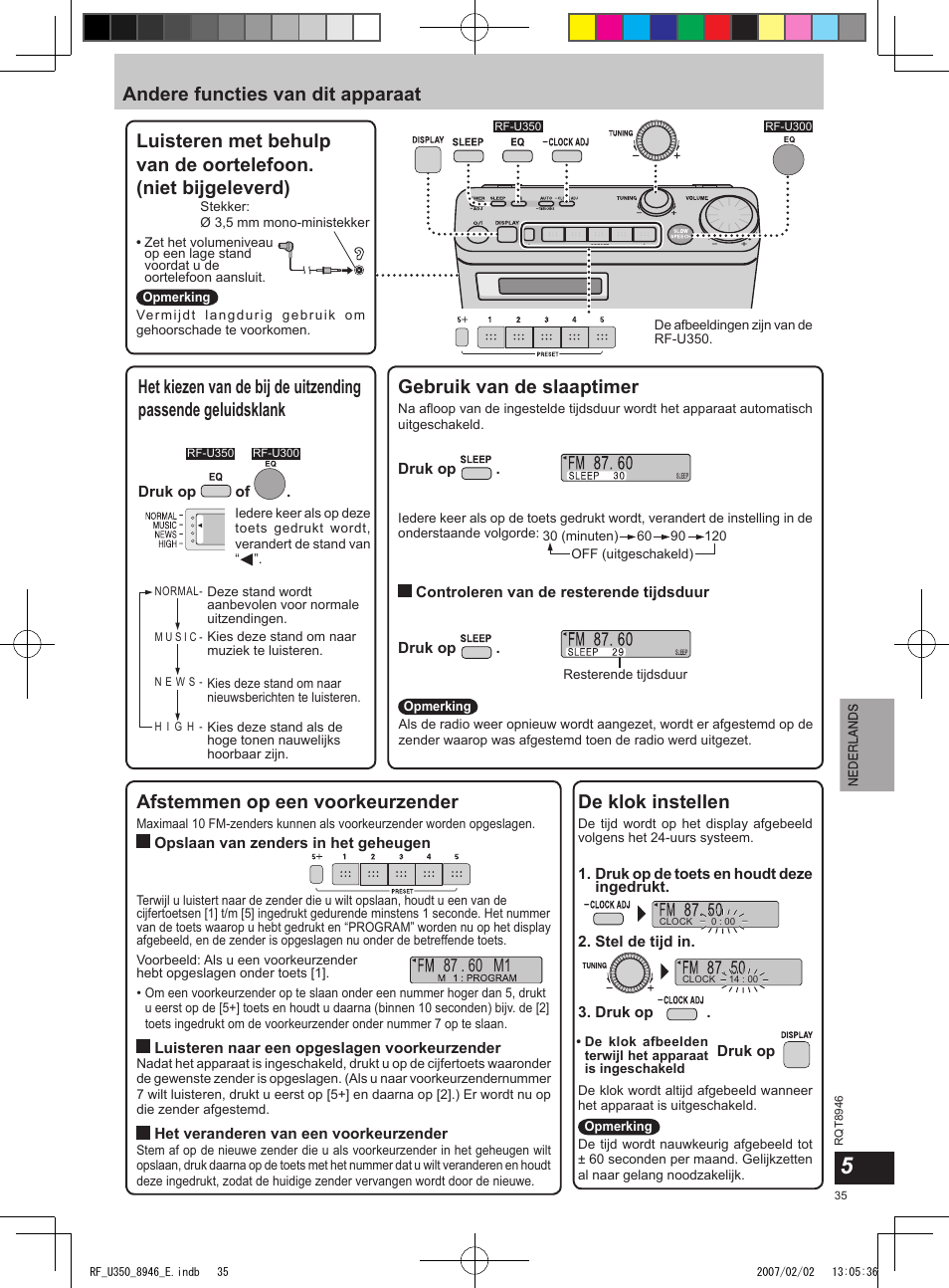 Andere functies van dit apparaat, Gebruik van de slaaptimer, Afstemmen op een voorkeurzender | De klok instellen | Panasonic RFU350 User Manual | Page 35 / 80