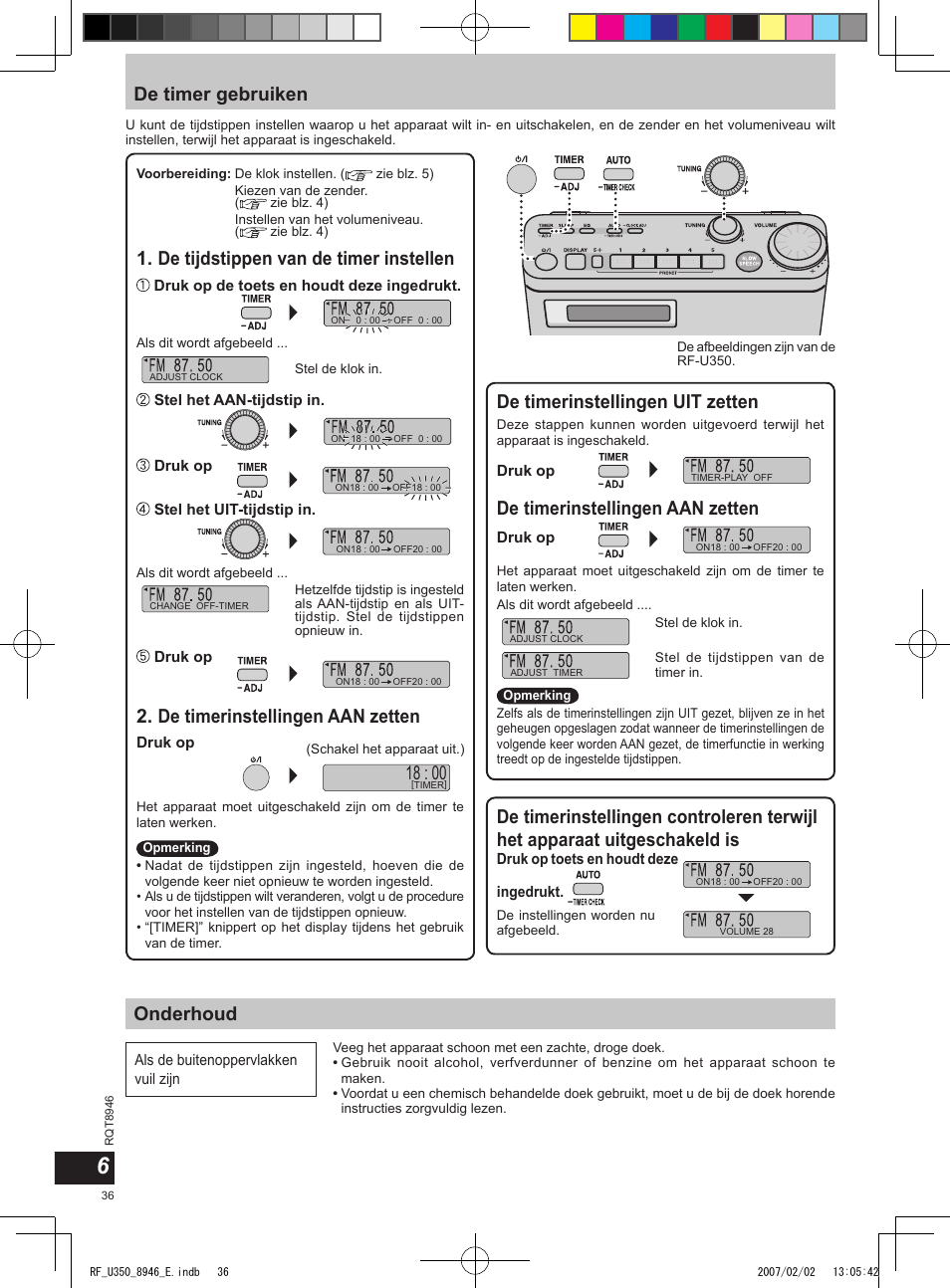 De timer gebruiken, Onderhoud, De timerinstellingen uit zetten | De tijdstippen van de timer instellen, De timerinstellingen aan zetten | Panasonic RFU350 User Manual | Page 36 / 80