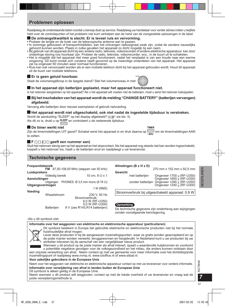 Problemen oplossen, Technische gegevens | Panasonic RFU350 User Manual | Page 37 / 80