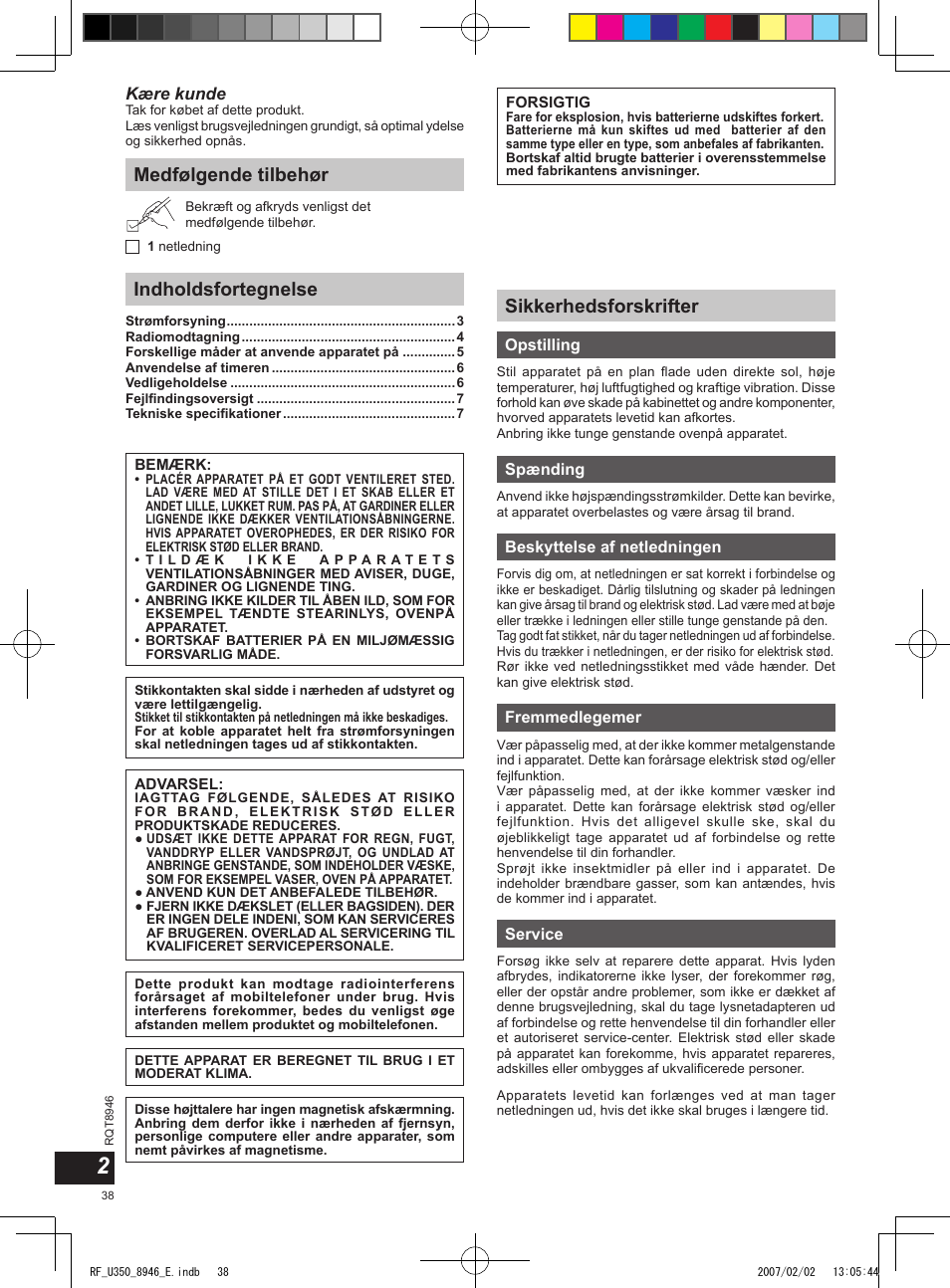 Medfølgende tilbehør indholdsfortegnelse, Sikkerhedsforskrifter, Kære kunde | Panasonic RFU350 User Manual | Page 38 / 80
