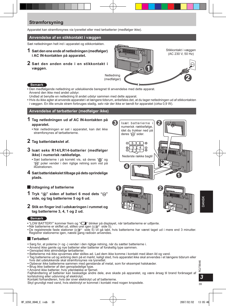 Strømforsyning | Panasonic RFU350 User Manual | Page 39 / 80