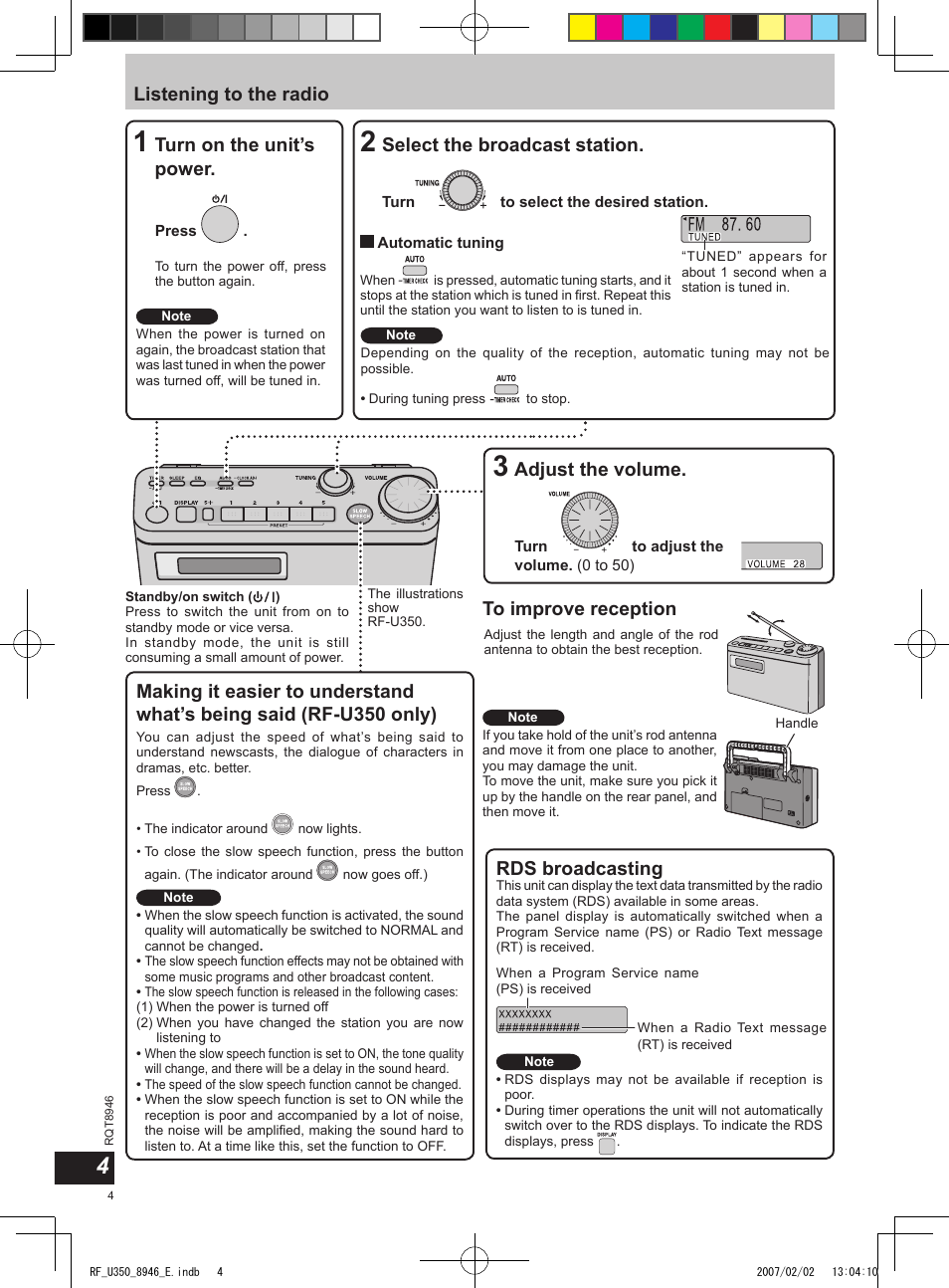 Listening to the radio turn on the unit’s power, Adjust the volume, Select the broadcast station | Rds broadcasting | Panasonic RFU350 User Manual | Page 4 / 80