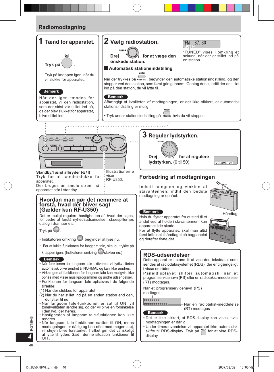 Radiomodtagning, Tænd for apparatet, Reguler lydstyrken | Forbedring af modtagningen, Vælg radiostation, Rds-udsendelser | Panasonic RFU350 User Manual | Page 40 / 80