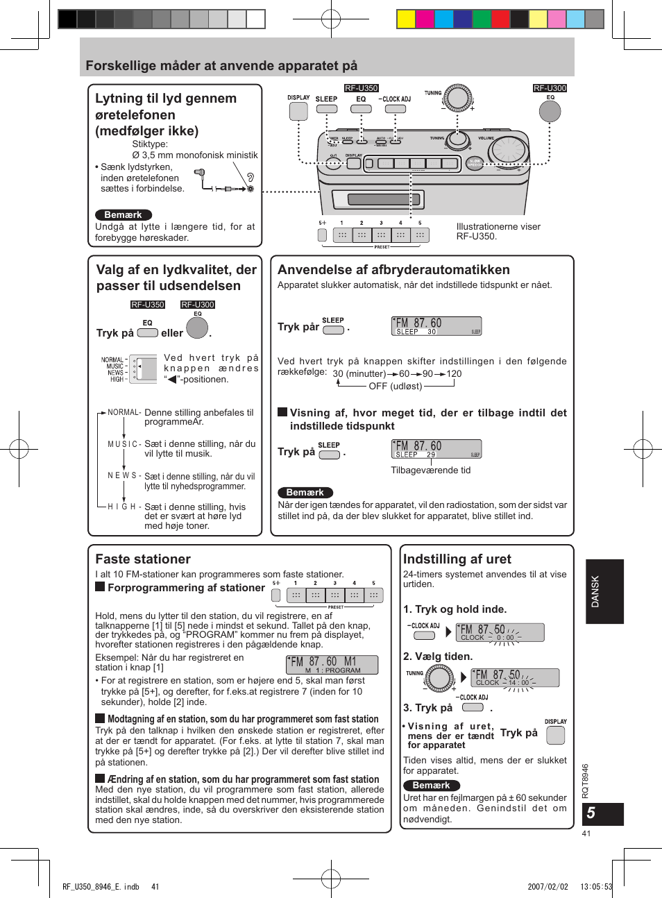 Forskellige måder at anvende apparatet på, Valg af en lydkvalitet, der passer til udsendelsen, Anvendelse af afbryderautomatikken | Faste stationer, Indstilling af uret | Panasonic RFU350 User Manual | Page 41 / 80