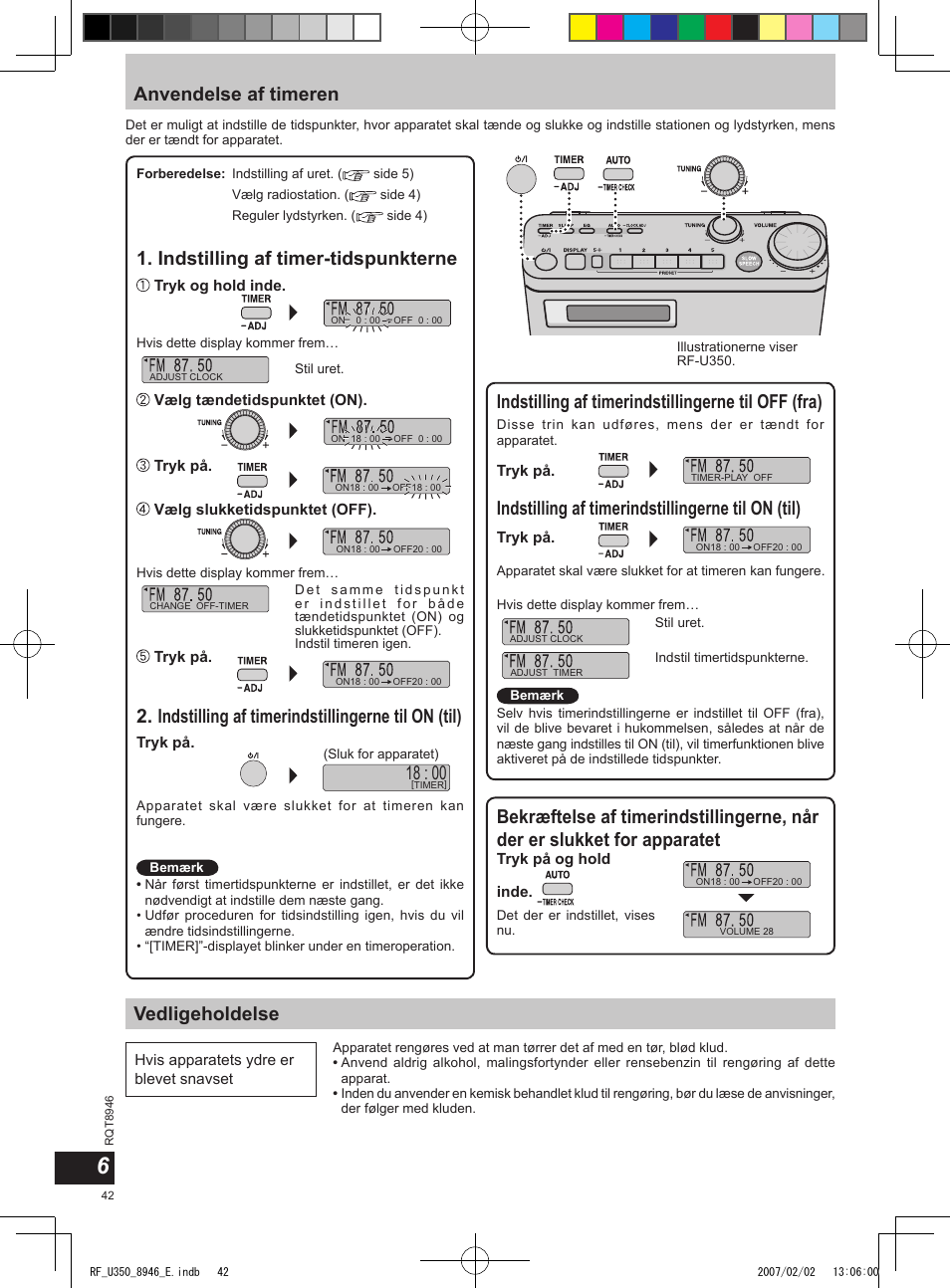 Anvendelse af timeren, Vedligeholdelse, Indstilling af timerindstillingerne til off (fra) | Indstilling af timer-tidspunkterne, Indstilling af timerindstillingerne til on (til) | Panasonic RFU350 User Manual | Page 42 / 80